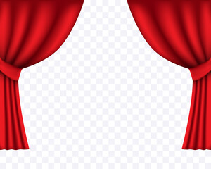 Red curtains. Vector chic drapes gathered on the sides. Vector clipart isolated on transparent background.