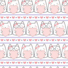 Seamless Kawaii Cute Cats Fallin’ in Love, Cartoon Animals Pattern design for scrapbooking, decoration, cards, paper goods, background, wallpaper, wrapping, fabric and all your creative projects