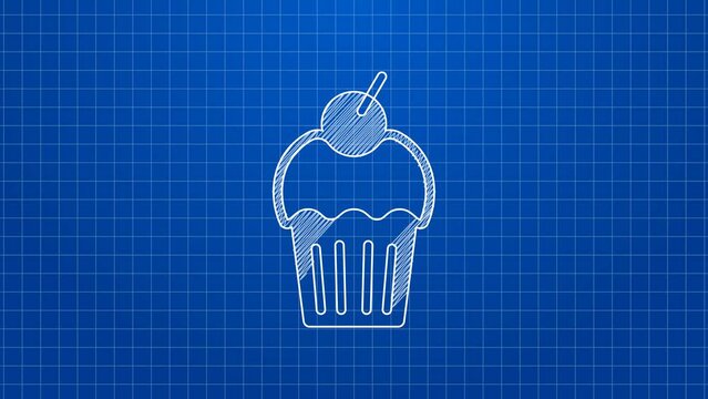 White line Muffin icon isolated on blue background. 4K Video motion graphic animation