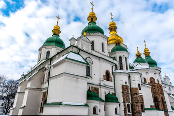 Fototapeta na wymiar Facade of St Sophia's cathedral in Kiev, Ukraine, Europe