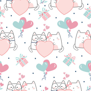 Seamless Kawaii Cute Cats Fallin’ in Love, Cartoon Animals Pattern design for scrapbooking, decoration, cards, paper goods, background, wallpaper, wrapping, fabric and all your creative projects