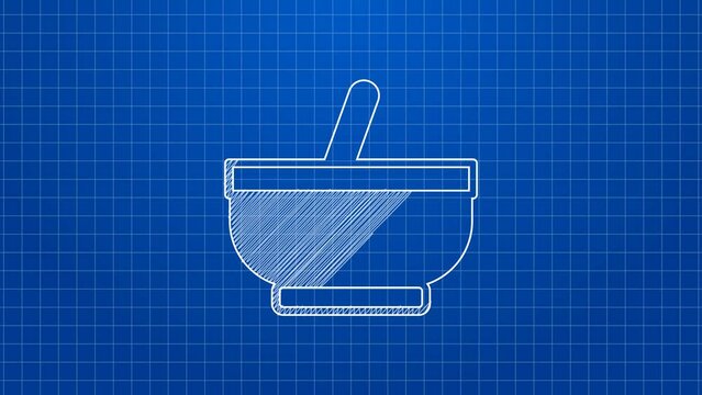 White line Mortar and pestle icon isolated on blue background. 4K Video motion graphic animation