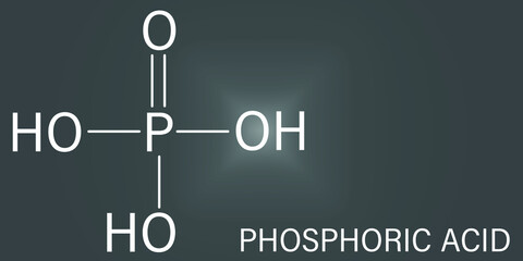Phosphoric acid mineral acid molecule. Used in fertilizer production, biological buffers, as food additive, etc. Skeletal formula.