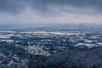 View from Taunus towards Frankfurt after a snowy night