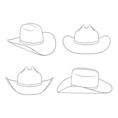 Set of black and white illustrations with cowboy hat. Isolated vector objects on a white background.