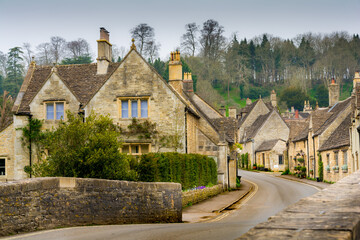 Typical quaint cottages of the village of Castle Combe in the Cotswolds