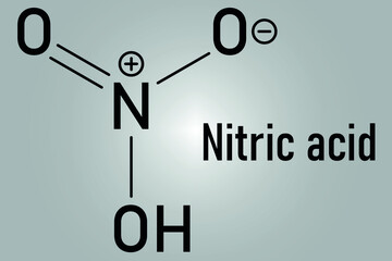 Nitric acid or HNO3 strong mineral acid molecule. Used in production of fertilizer and explosives. Skeletal formula.