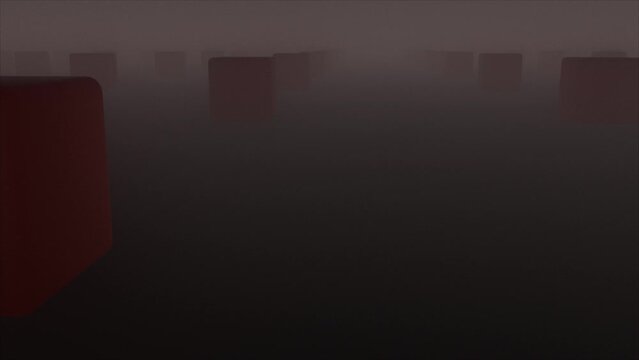 Geometric rows 3d render of squares in futuristic darkened composition. Mystical digital landscape with abstract quadrangular columns and glimpses of rays of sun.