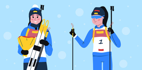 Fototapeta premium Biathlon set. Rewarding athlete and biathlete at the start. Olympic Games. Stock vector illustration.