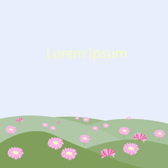 Meadow with hill and pink flowers blue sky Lorem Ipsum background stock vector illustration for web, for print