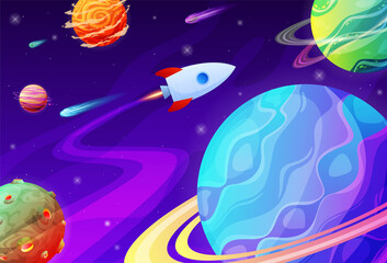 Spaceship travel to new planet vector 3d illustration. Space trip galaxy future technology