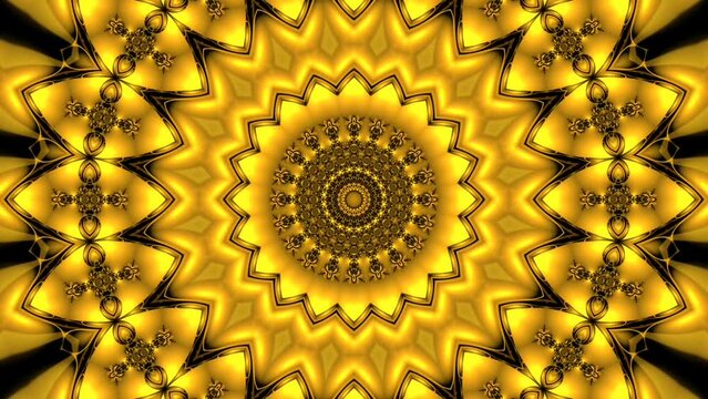 Mandala Kaleidoscope Video in gold and yellow on a black background, gold, beautiful digital animation art, unique, inspiring, bright and positiv, loops back.