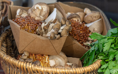 Fresh Mushrooms in a basket at a Farmers Market