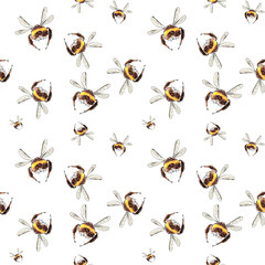 Hand drawn seamless pattern with flying bees