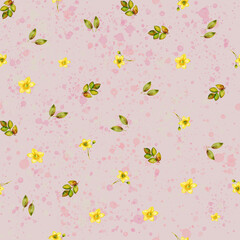 Pattern, yellow summer flowers on a pink background, watercolor splashes. Watercolor illustration.