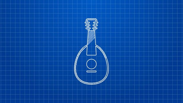 White line Traditional musical instrument mandolin icon isolated on blue background. 4K Video motion graphic animation