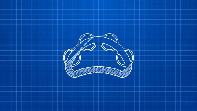 White line Musical instrument percussion tambourine, with metal plates icon isolated on blue background. 4K Video motion graphic animation