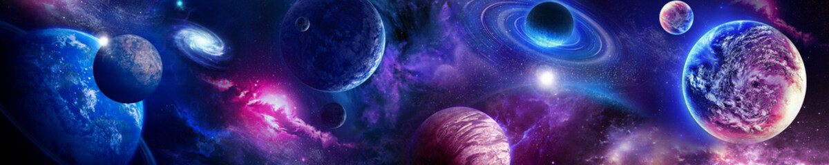 Space scene with planets, stars and galaxies. Panorama.	