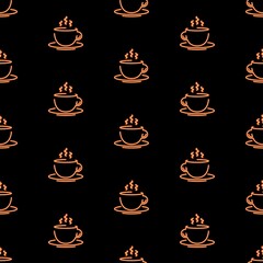 coffee cup seamless pattern, bright vector illustration on black background.