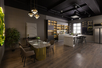 brutal interior of an ultra-modern spacious one-room apartment in dark colors super cool led lighting with kitchen, dining table and home office area