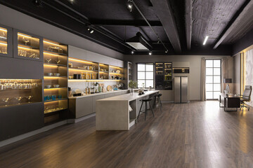 stylish luxury kitchen interior in an ultra-modern spacious apartment in dark colors with super...