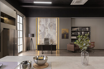 brutal interior of an ultra-modern spacious one-room apartment in dark colors super cool led...