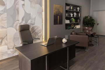 stylish luxury home office interior in an ultramodern brutal apartment in dark colors and cool led lighting