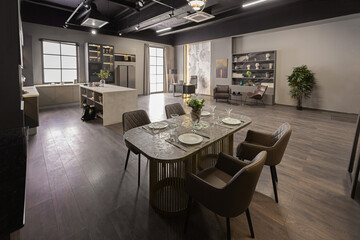 brutal interior of an ultra-modern spacious one-room apartment in dark colors super cool led lighting with kitchen, dining table and home office area