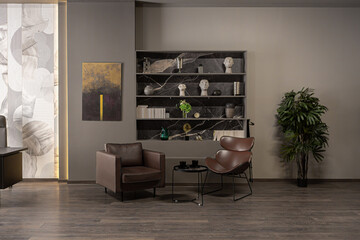 stylish luxury home office interior in an ultramodern brutal apartment in dark colors and cool led...