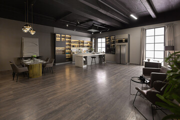 brutal interior of an ultra-modern spacious one-room apartment in dark colors super cool led...