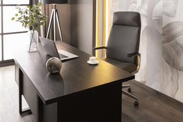 stylish luxury home office interior in an ultramodern brutal apartment in dark colors and cool led...