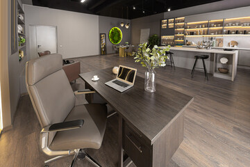 brutal interior of an ultra-modern spacious one-room apartment in dark colors super cool led lighting with kitchen, dining table and home office area