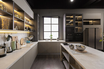 stylish luxury kitchen interior in an ultra-modern spacious apartment in dark colors with super...