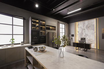 brutal interior of an ultra-modern spacious one-room apartment in dark colors super cool led...