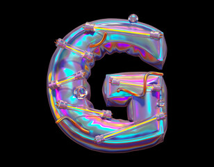 Futuristic holographic font. Ultraviolet and yellow neon. Letter G