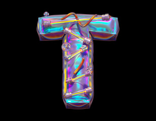 Futuristic holographic font. Ultraviolet and yellow neon. Letter T