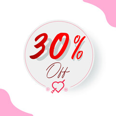 30% Circular Illustrated Price Tag with decorative cupid heart and arrow, hearts and types in red and romantic style