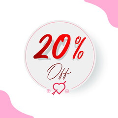 20% Circular Illustrated Price Tag with decorative cupid heart and arrow, hearts and types in red and romantic style
