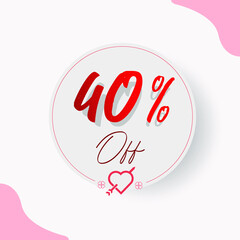 40% Off Circular Illustrated Price Tag with decorative cupid heart and arrow, hearts and types in red and romantic style