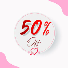 50 % Off Circular Illustrated Price Tag with decorative cupid heart and arrow, hearts and types in red and romantic style