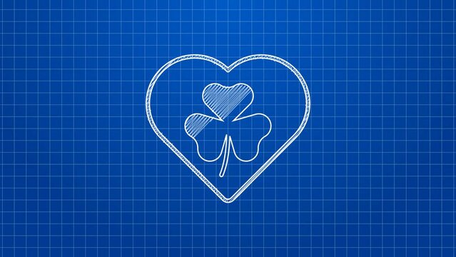 White line Heart with clover trefoil leaf icon isolated on blue background. Happy Saint Patricks day. National Irish holiday. 4K Video motion graphic animation