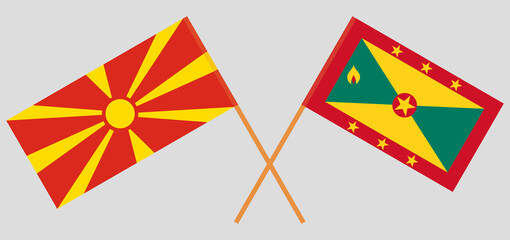 Crossed flags of North Macedonia and Grenada. Official colors. Correct proportion