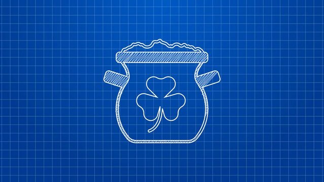 White line Pot of gold coins icon isolated on blue background. Happy Saint Patricks day. National Irish holiday. 4K Video motion graphic animation