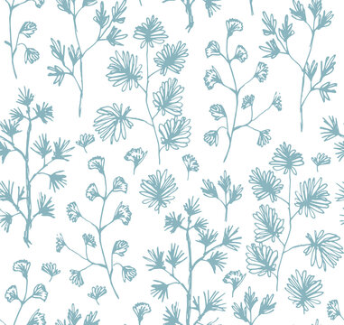 Tender pale blue seamless pattern with hand drawn botanical elements. Sketch ink herbs and branches with leaves texture for textile, wrapping paper, cover, surface, design