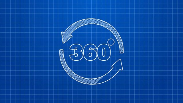White line 360 degree view icon isolated on blue background. Virtual reality. Angle 360 degree camera. Panorama photo. 4K Video motion graphic animation