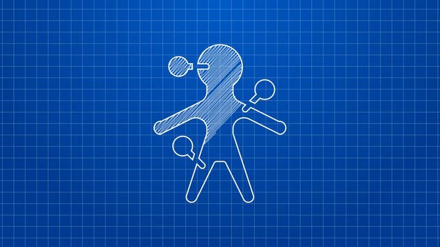 White line Voodoo doll icon isolated on blue background. 4K Video motion graphic animation