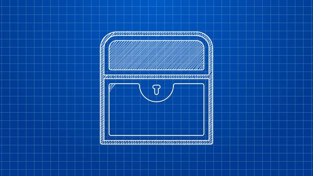 White line Antique treasure chest icon isolated on blue background. Vintage wooden chest with golden coin. 4K Video motion graphic animation