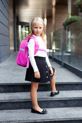 Obraz premium Girl primary school pupil going to school, education concept. Young schoolgirl with backpack. Lifestyle going to classroom. Children learn smart. Happy preschool kid. Back to school