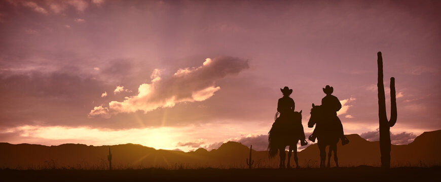 Silhouette of a couple of Cowboys (him and her) at sunset