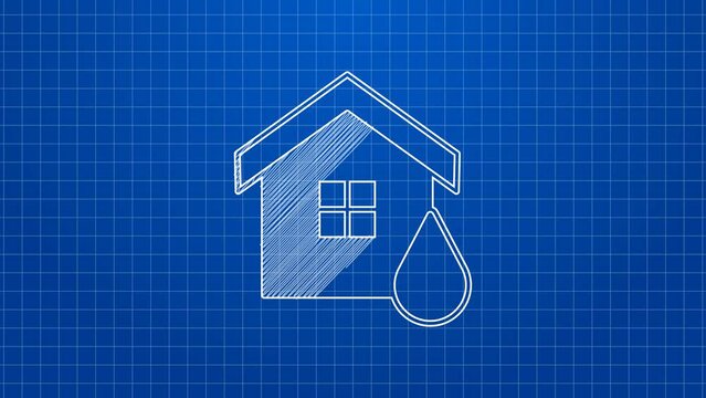 White line House flood icon isolated on blue background. Home flooding under water. Insurance concept. Security, safety, protection, protect concept. 4K Video motion graphic animation